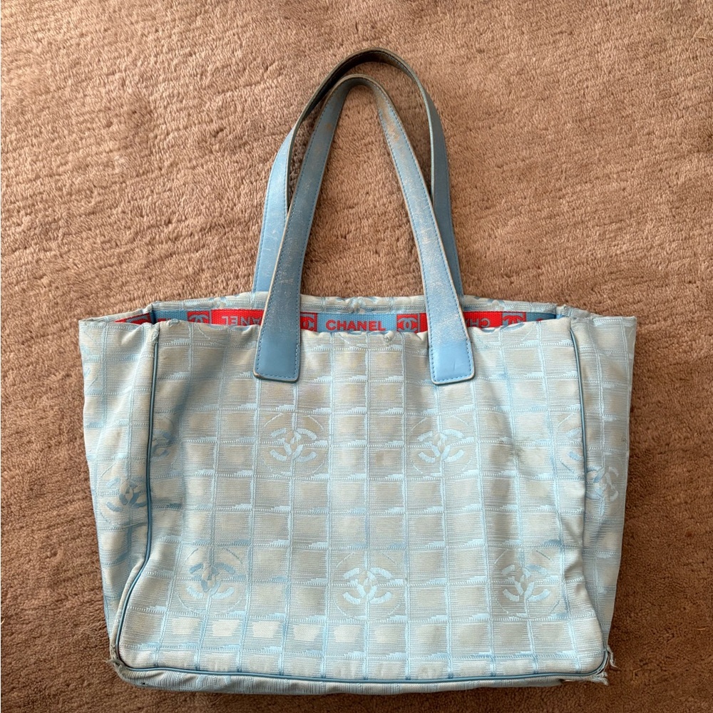 CHANEL Light Blue Quilted Canvas Travel Line Tote - FAIR CONDITION